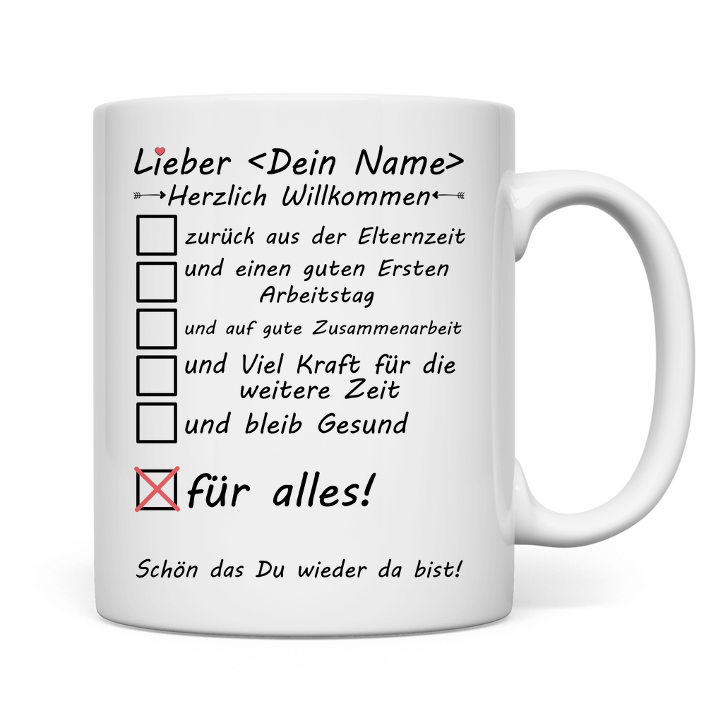 Personalisierte Kaffeetasse zum ersten Arbeitstag nach Elternzeit – Geschenk