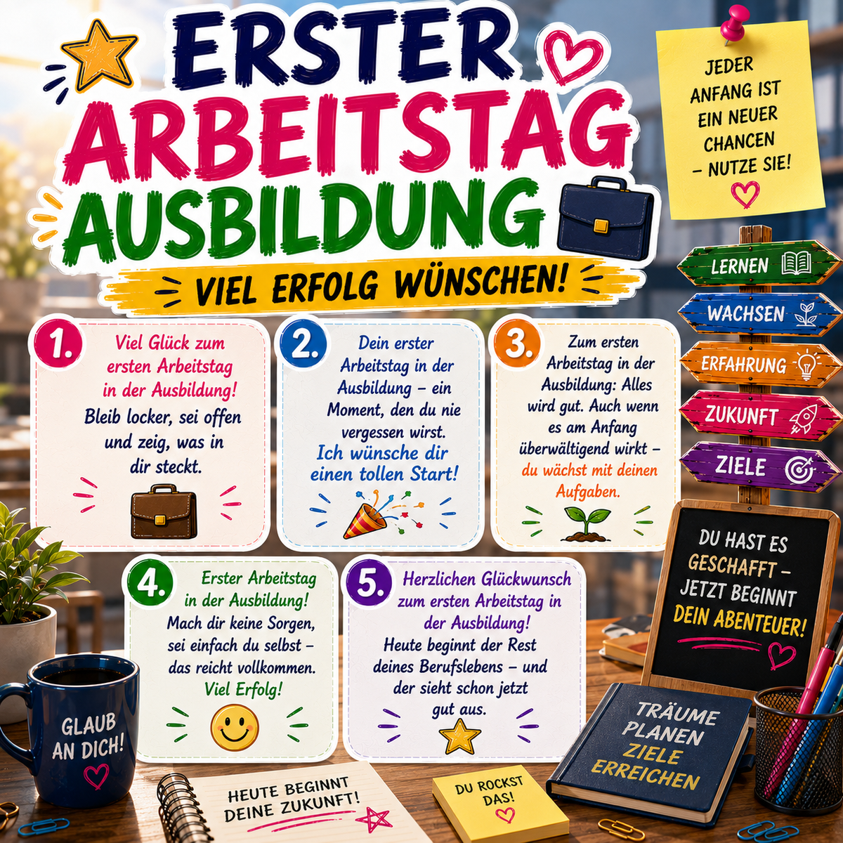Wünsche für den ersten Arbeitstag in der Ausbildung mit motivierenden Sprüchen