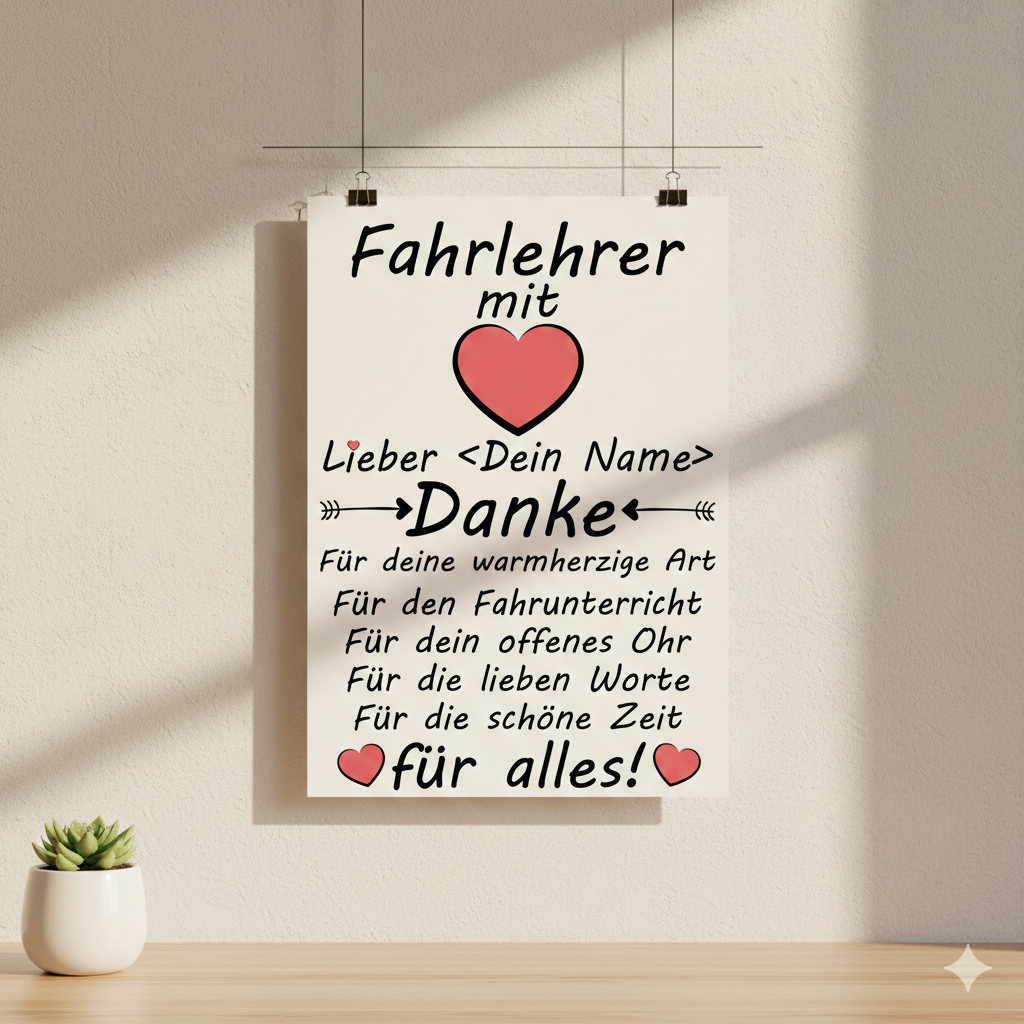 Personalisiertes Poster fuer Fahrlehrer mit Herz-Motiv als Danke sagen als Abschiedsgeschenk