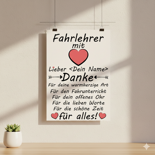 Personalisiertes Poster fuer Fahrlehrer mit Herz-Motiv als Danke sagen als Abschiedsgeschenk
