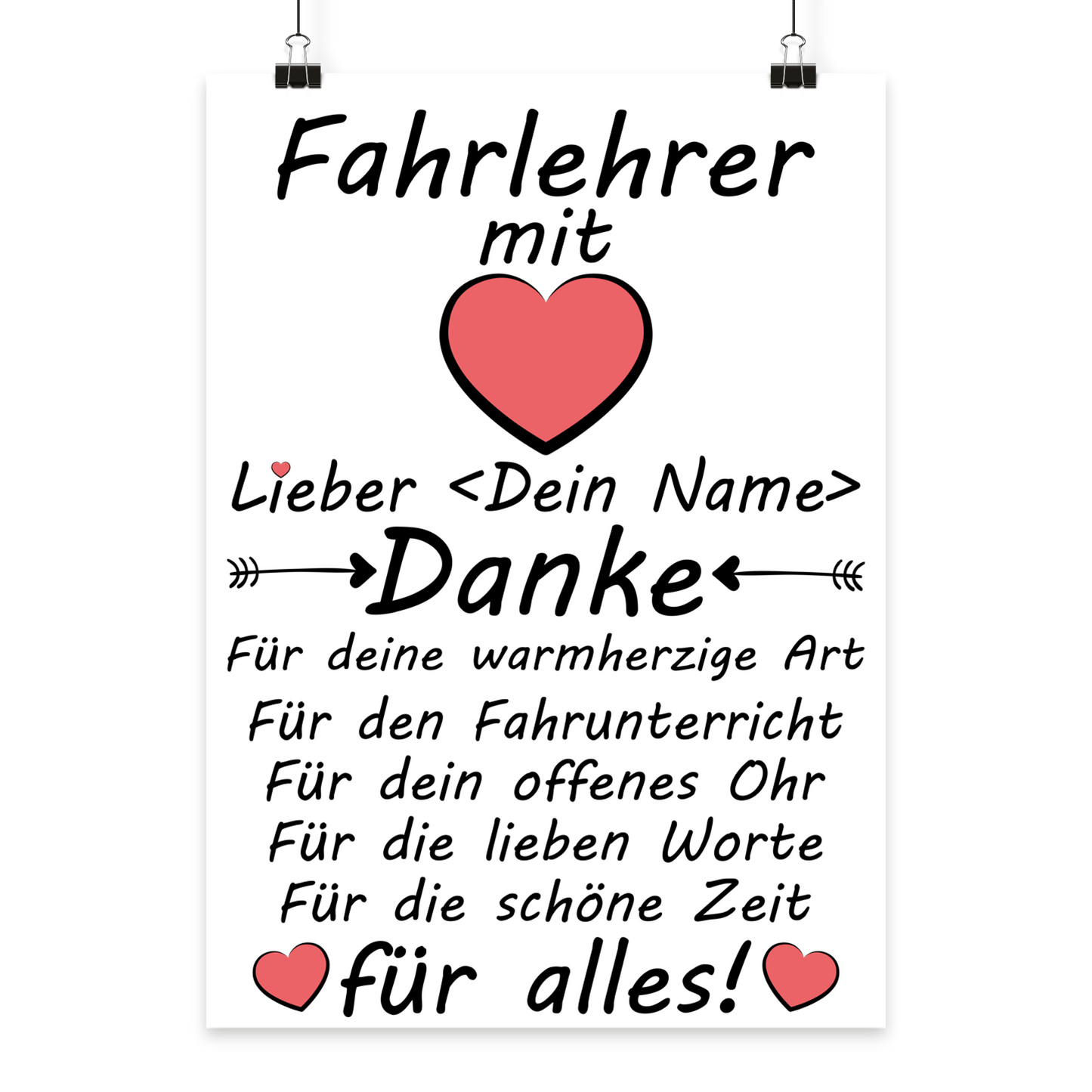 Personalisiertes Poster fuer Fahrlehrer mit Herz-Motiv als Dankeschoen nach bestandener Fuehrerscheinpruefung, Galeriequalitaet