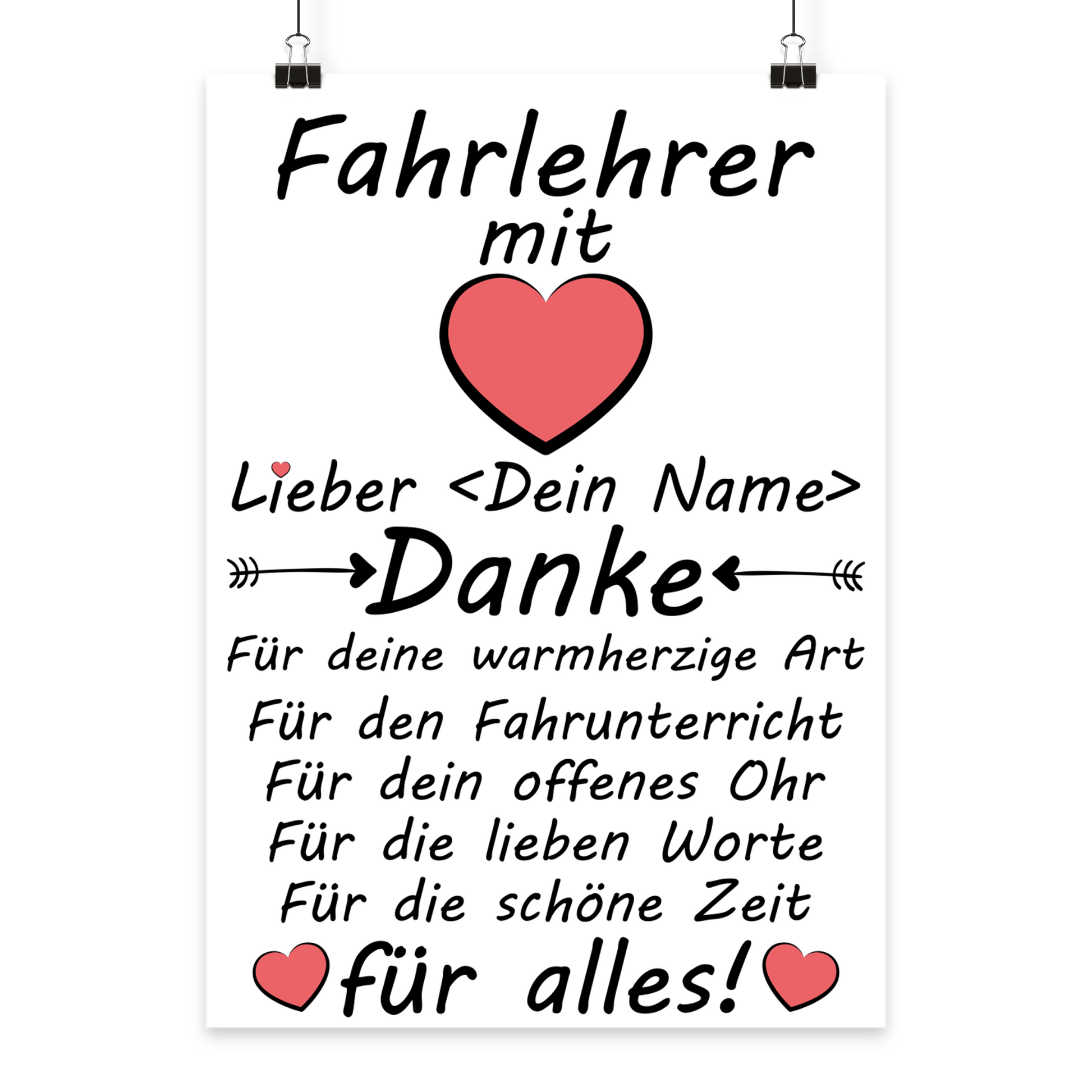 Personalisiertes Poster fuer Fahrlehrer mit Herz-Motiv als Dankeschoen nach bestandener Fuehrerscheinpruefung, Galeriequalitaet
