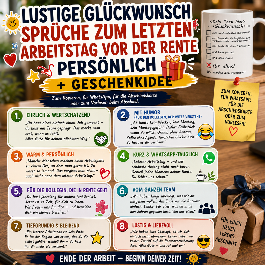 LUSTIGE GLÜCKWUNSCH SPRÜCHE ZUM LETZTEN ARBEITSTAG VOR DER RENTE PERSÖNLICH + GESCHENKIDEE. Zum Kopieren, für WhatsApp, für die Abschiedskarte oder zum Vorlesen beim Abschied