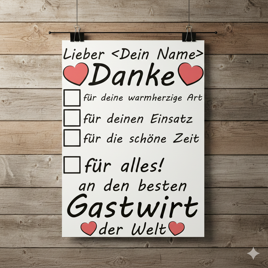 Personalisiertes Poster fuer Gastwirt mit individuellem Wunschnamen als Dankeschoen zum Ruhestand, Jubilaeum oder Geburtstag in hochwertiger Fine-Art-Qualitaet auf seidenmattem Papier im Format A3 hoch,