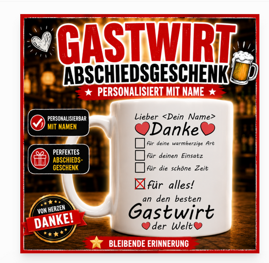Beste Gastwirt der Welt Abschiedsgeschenk - Personalisierte Tasse mit Namen