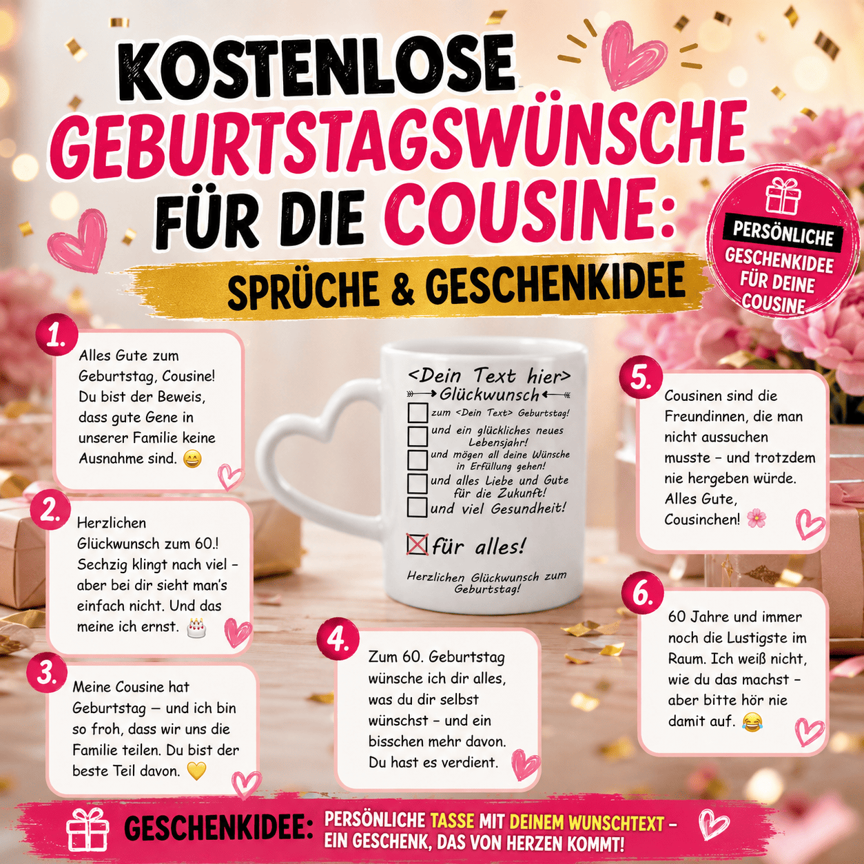 Kostenlose Geburtstagswünsche für die Cousine Sprüche & Geschenkidee Ob lustig, herzlich oder emotional Hier finden Sie die schönsten Geburtstagswünsche für Ihre Cousine sowie eine persönliche Geschenkidee zum Geburtstag
