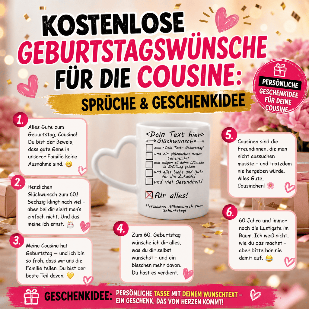 Kostenlose Geburtstagswünsche für die Cousine Sprüche & Geschenkidee Ob lustig, herzlich oder emotional Hier finden Sie die schönsten Geburtstagswünsche für Ihre Cousine sowie eine persönliche Geschenkidee zum Geburtstag
