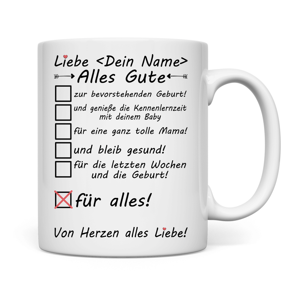Personalisierte Geschenktasse mit hochweisser Oberflaeche und C-Henkel fuer schwangere Kollegin zur Babyparty im Buero