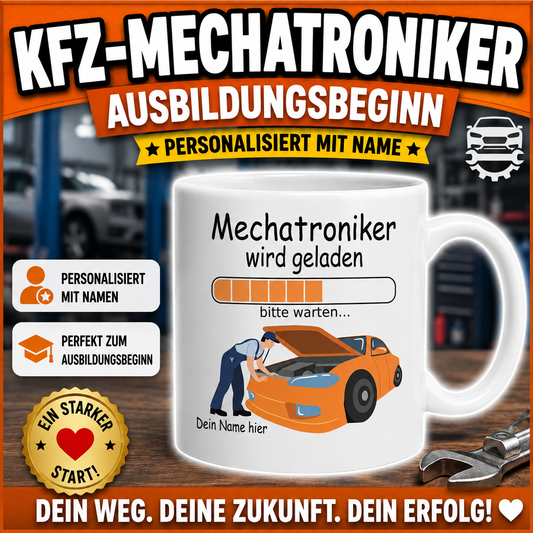 Personalisiertes Geschenk zum Beginn der Ausbildung als KFZ-Mechatroniker – individuelle Tasse mit Namen für angehende Mechatroniker zum Ausbildungsstart.