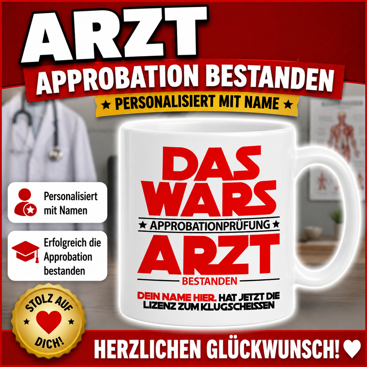 Persönliches Geschenk zur bestandenen Arzt-Approbation – personalisierte Tasse mit Namen als besondere Glückwunschidee für Ärztinnen und Ärzte nach erfolgreicher Approbationsprüfung.
