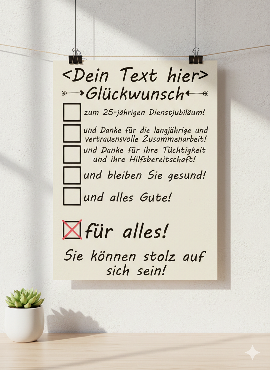 Geschenk für Mitarbeiter zu 25 Jahre Dienstjubilaeum, personalisiertes Poster randlos, als  wuerdevolles Design und Anerkennung