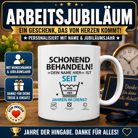 Weiße personalisierte Tasse zum Arbeitsjubiläum mit Wunschname und individuellem Jubiläumsjahr. Geschenk für Mitarbeiter, Kollegen und Kolleginnen zum Dienstjubiläum, Firmenjubiläum oder zur Betriebszugehörigke