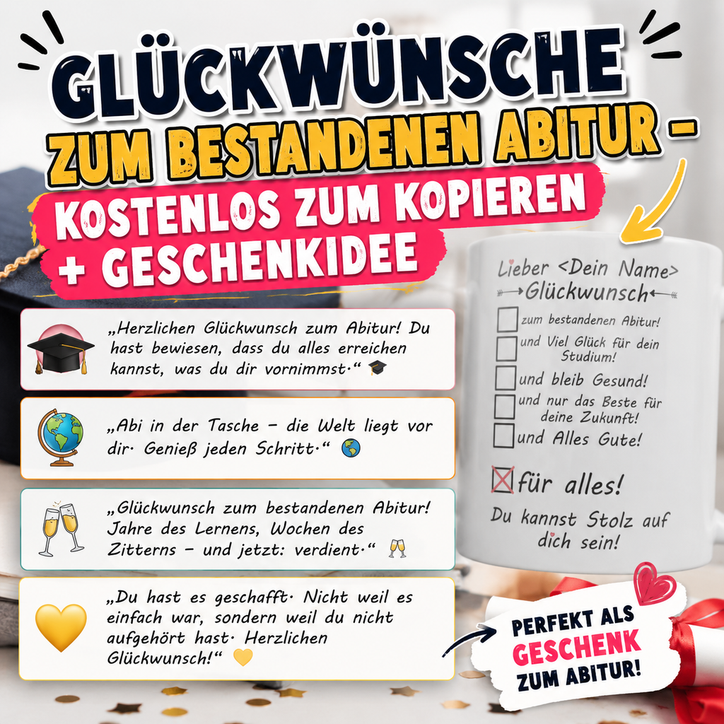 Glückwünsche zum bestandenen Abitur – kostenlos zum Kopieren + Geschenkidee für die Karte, für WhatsApp oder als persönlicher Wunschtext auf einem Geschenk, das bleibt.