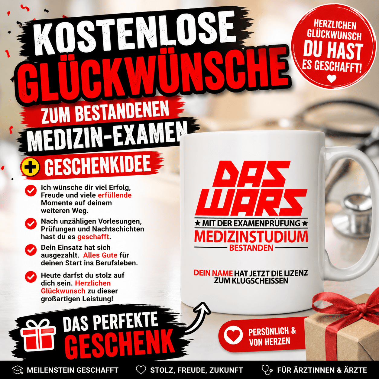 Kostenlose Glückwünsche zum bestandenen Medizin-Examen + Geschenkidee. Mit einem persönlichen Geschenk und herzlichen Glückwünschen lässt sich dieser Erfolg auf besondere Weise feiern. Hier findest du passende Wünsche für Karten, WhatsApp oder als Begleittext zu einem Geschenk.