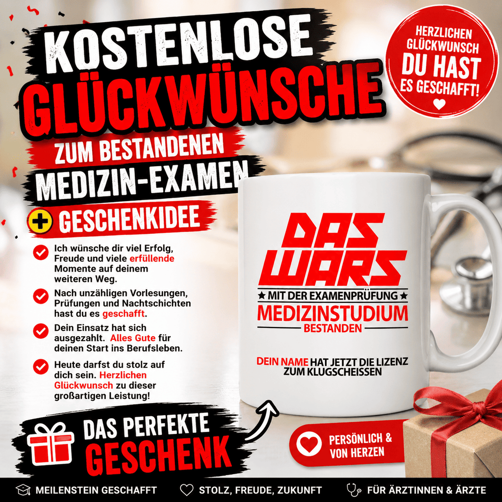 Kostenlose Glückwünsche zum bestandenen Medizin-Examen + Geschenkidee. Mit einem persönlichen Geschenk und herzlichen Glückwünschen lässt sich dieser Erfolg auf besondere Weise feiern. Hier findest du passende Wünsche für Karten, WhatsApp oder als Begleittext zu einem Geschenk.
