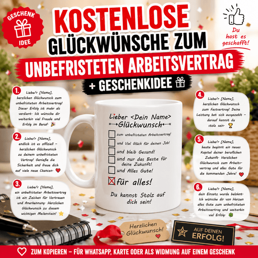 Glückwünsche zum unbefristeten Arbeitsvertrag + Geschenkidee" Kostenlose Texte zum Kopieren – für WhatsApp, Karte oder als Widmung auf einem Geschenk
