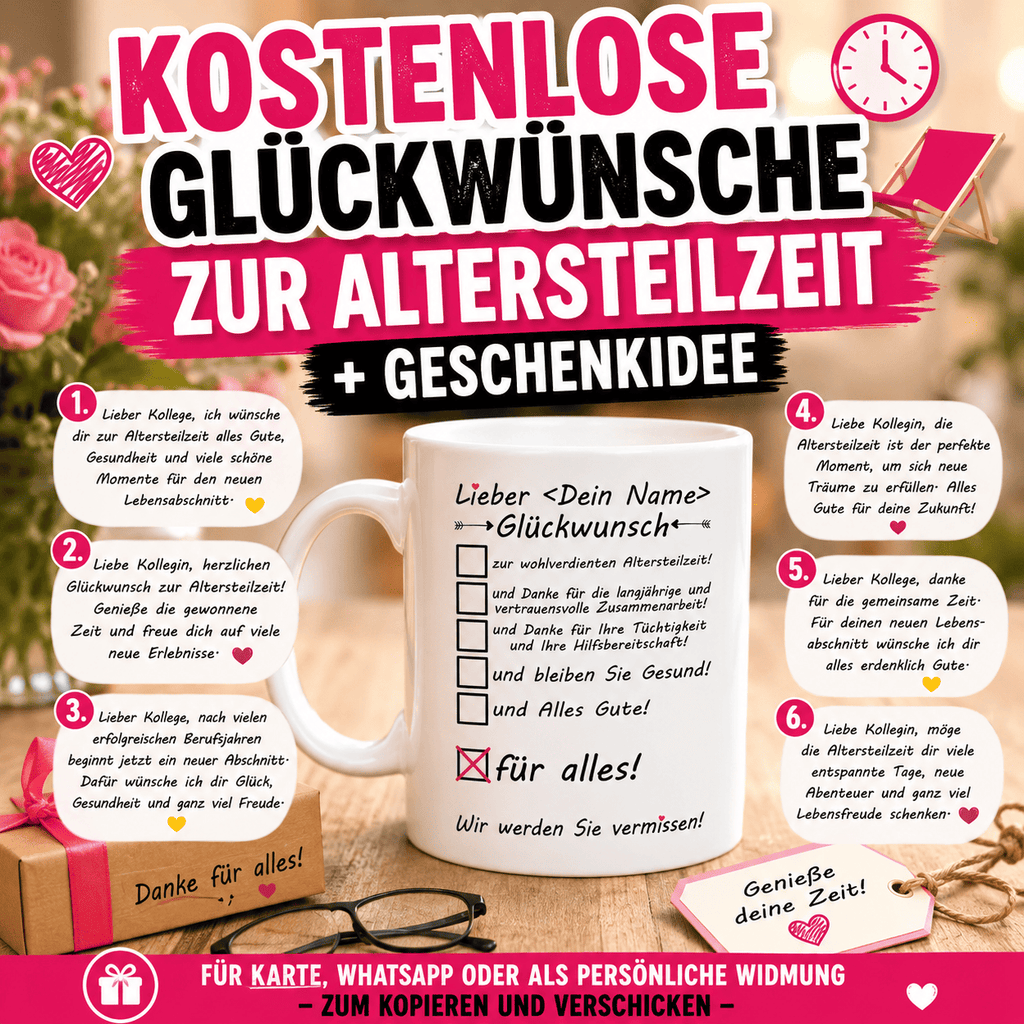 Kostenlose Glückwünsche zur Altersteilzeit + Geschenkidee" Kartentext für Karte, WhatsApp oder als persönliche Widmung zum selber kopieren