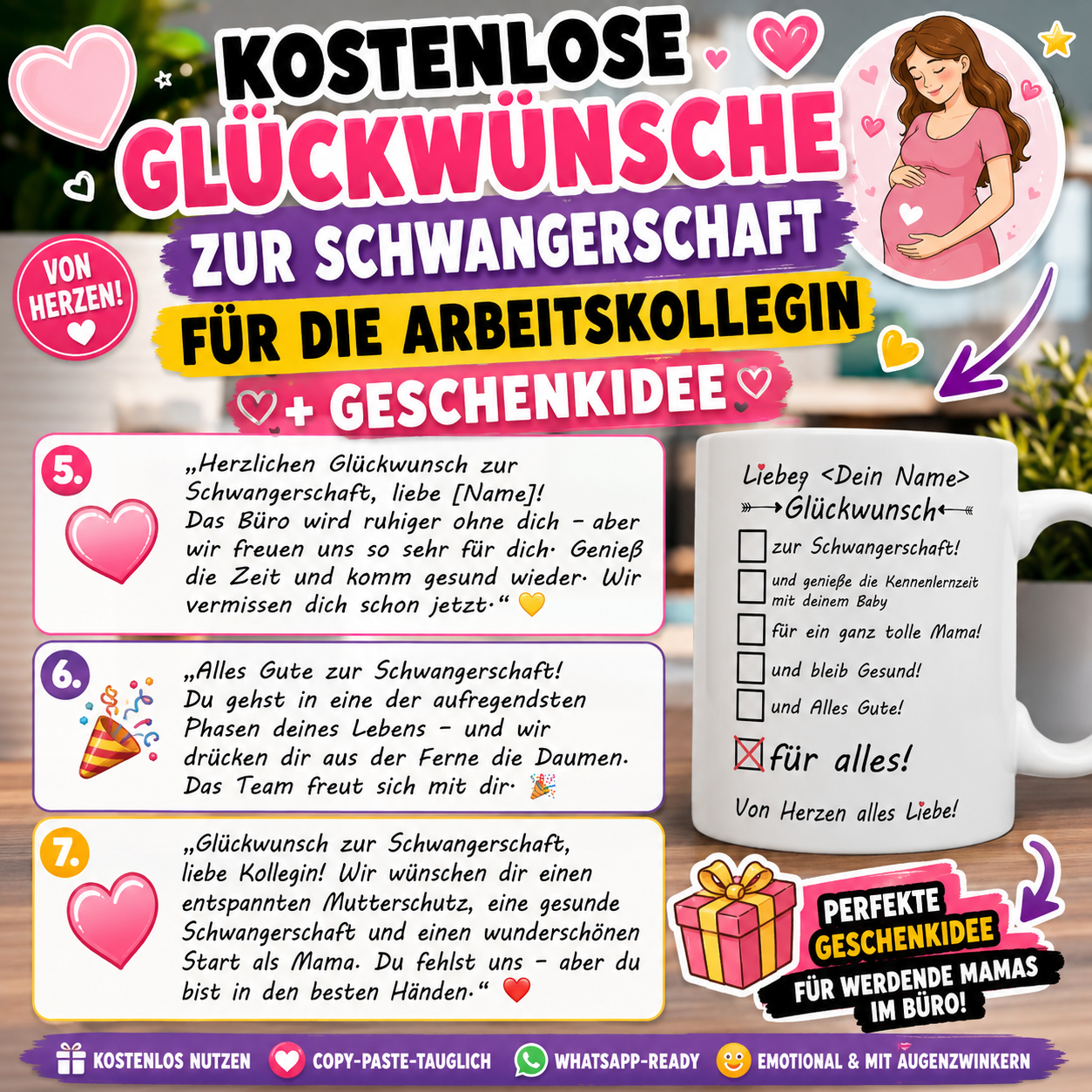 Kostenlose Berufliche Glückwünsche zur Schwangerschaft für die Arbeitskollegin + Geschenkidee. WhatsApp-ready · emotional für Kartentexte