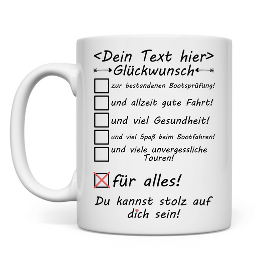 herzliche glückwunsch zur bestandenen Bootsprüfung tasse