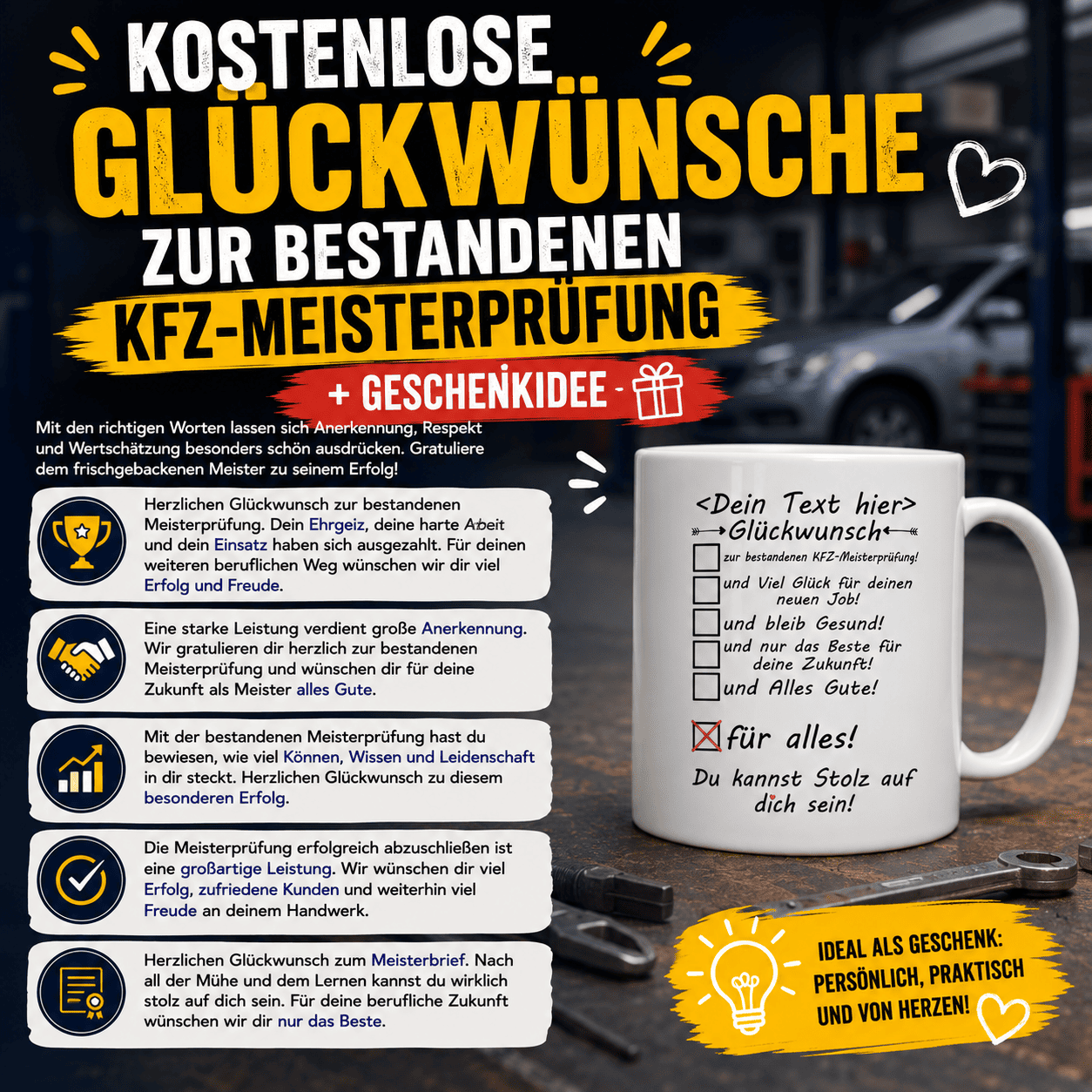 Kostenlose Herzliche Glückwünsche & Sprüche zur bestandenen KFZ-Meisterprüfung + Geschenkidee