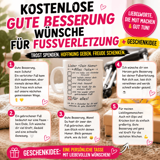 Kostenlose Gute Besserung Wünsche für Fußverletzung & Geschenkidee ,Fuß gebrochen oder verletzt Hier finden Sie liebevolle Gute-Besserung-Sprüche und eine persönliche Geschenkidee, die Mut macht und Freude schenkt