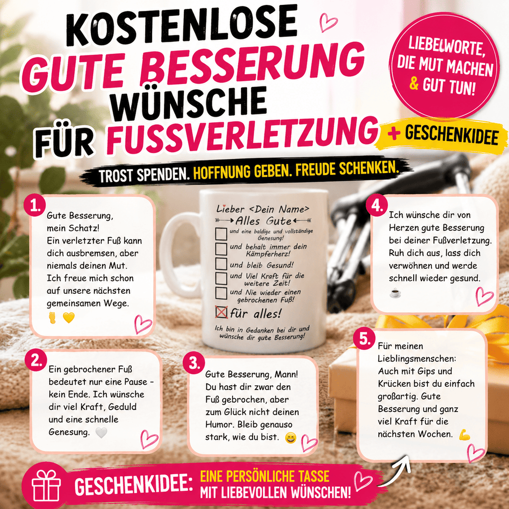 Kostenlose Gute Besserung Wünsche für Fußverletzung & Geschenkidee ,Fuß gebrochen oder verletzt Hier finden Sie liebevolle Gute-Besserung-Sprüche und eine persönliche Geschenkidee, die Mut macht und Freude schenkt