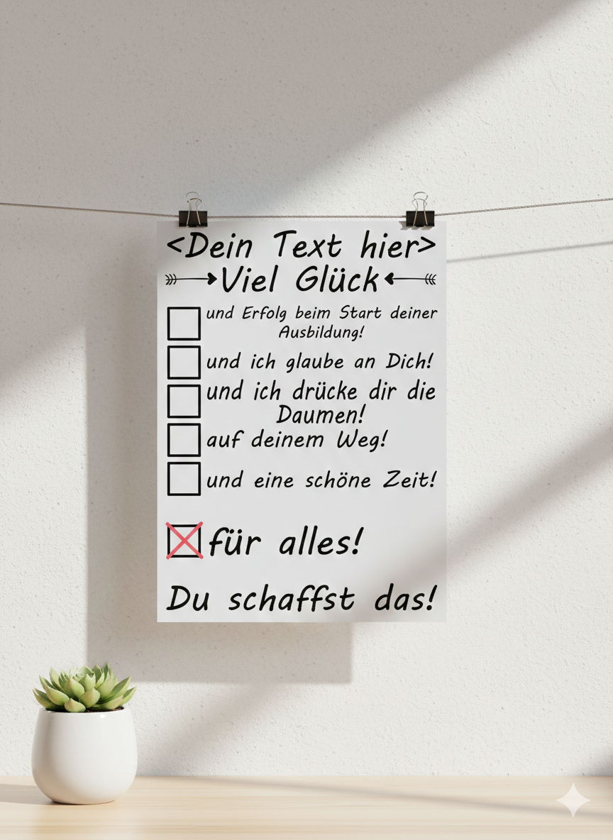 Glueckwunsch Ausbildung Poster personalisiert, A3 Hochformat mit Namen, Geschenk fuer Azubis zum Ausbildungsstart
