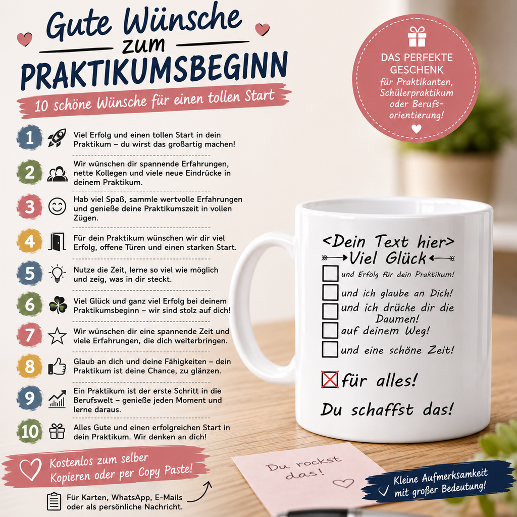 Personalisierte Tasse zum Praktikumsbeginn mit 10 Wünschen für viel Erfolg, Motivation und einen guten Start ins Praktikum. Geschenkidee für Praktikanten.