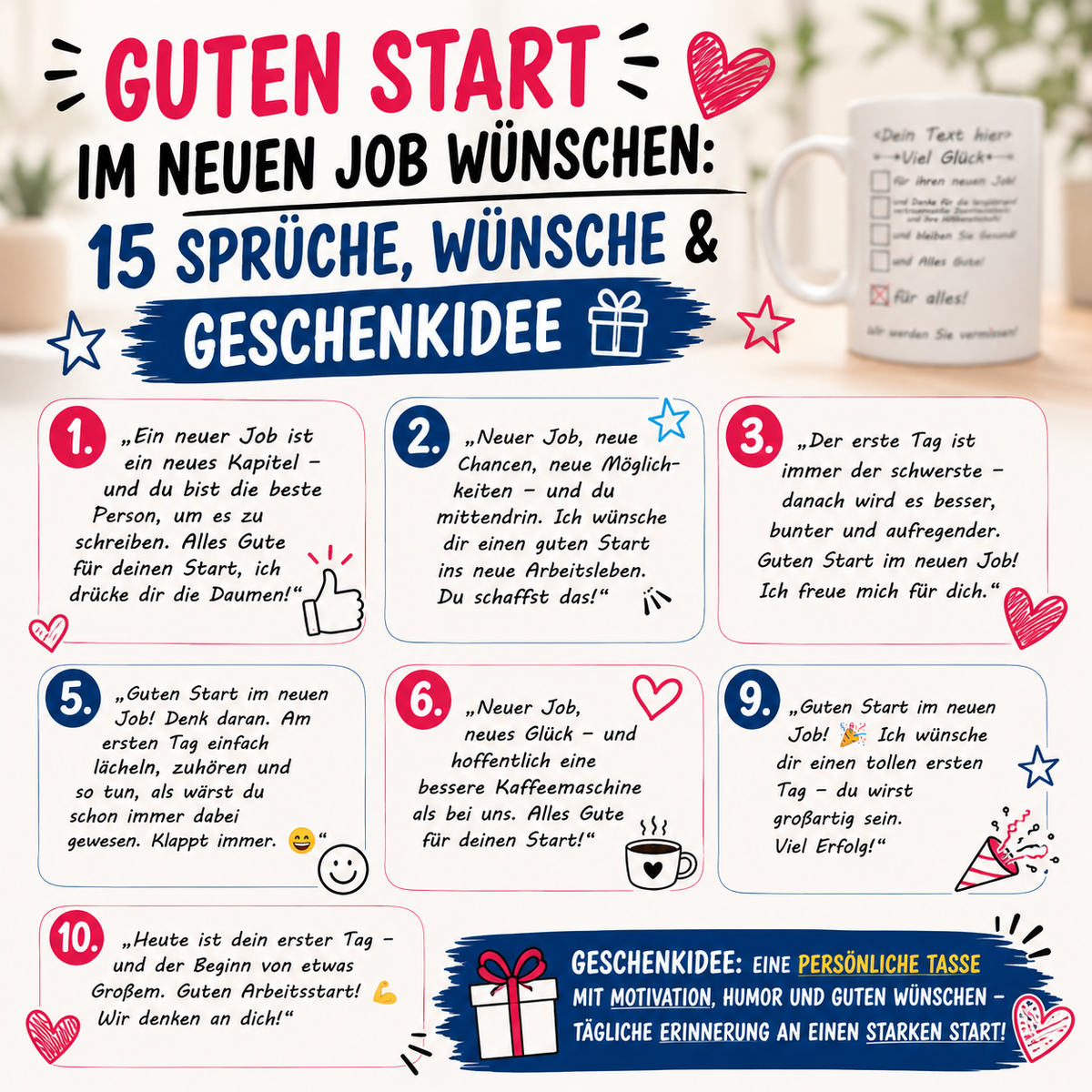 Guten Start im neuen Job wünschen 15 Sprüche, Wünsche & Geschenkidee eine "Viel Glück" Tasse 