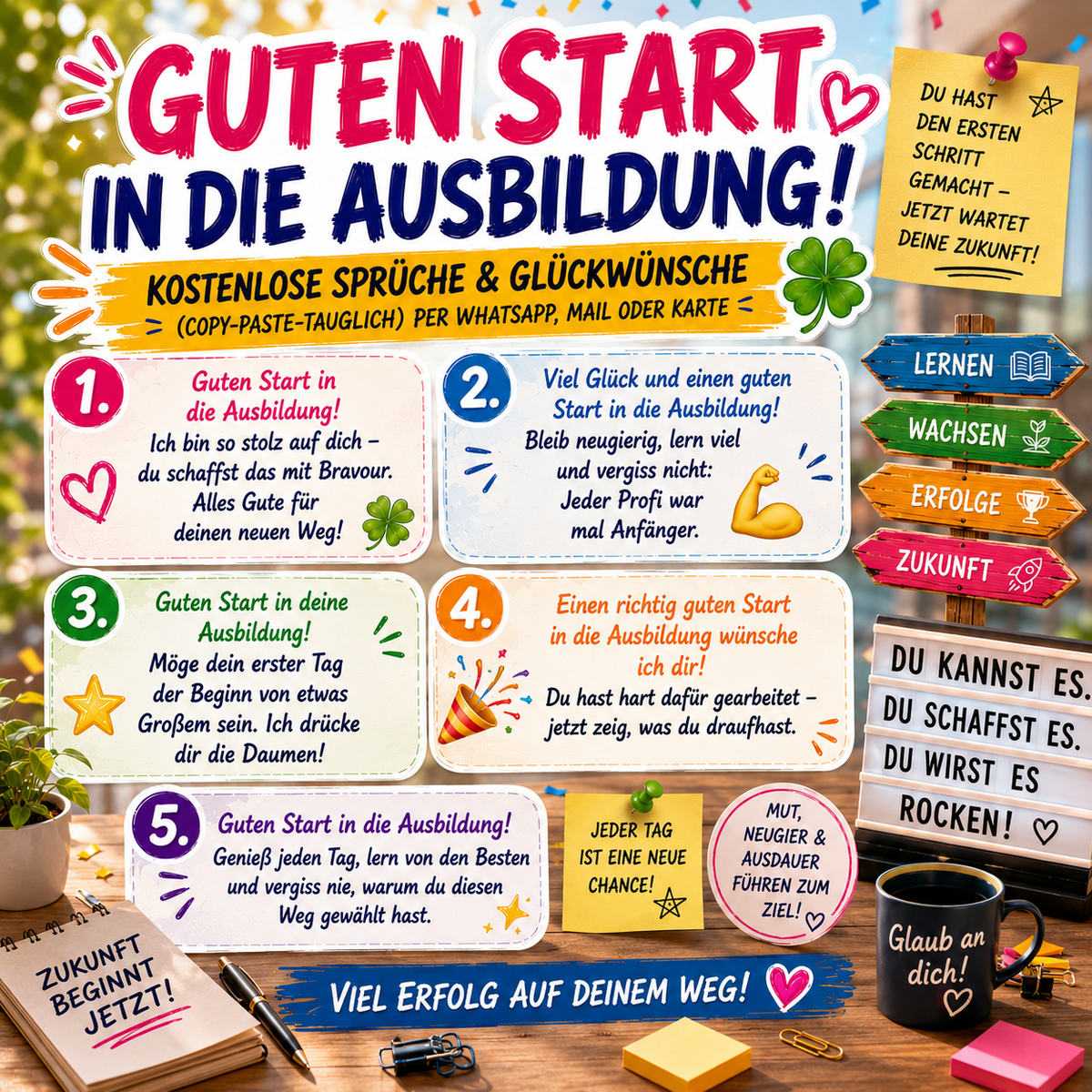 5 Wünsche zum Ausbildungsbeginn mit Glückwünschen für einen guten Start in die Ausbildung