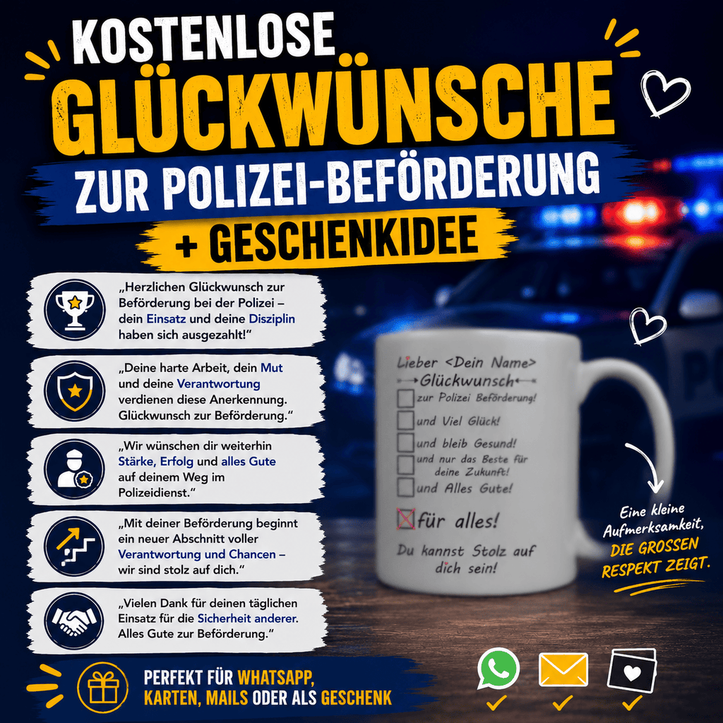Kostenlose Herzliche 10 Glückwünsche zur Polizei-Beförderung + Geschenkidee" für Whatsapp oder Mail geeignet