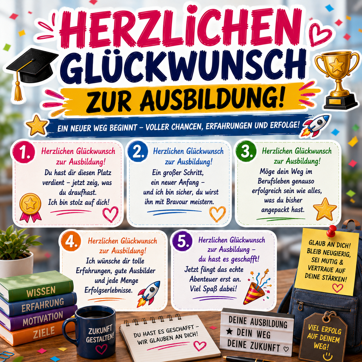 Glückwünsche zur Ausbildung und zum Ausbildungsbeginn mit persönlichen Worten