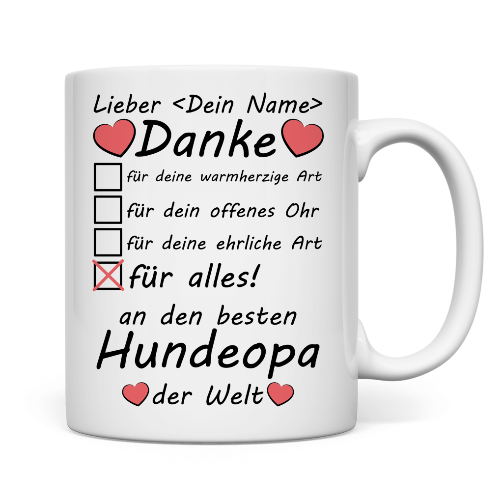 Weisse Tasse mit Aufdruck Hundeopa danke fuer alles, individualisierbar mit Namen, perfekt als Abschiedsgeschenk oder Dankeschoen
