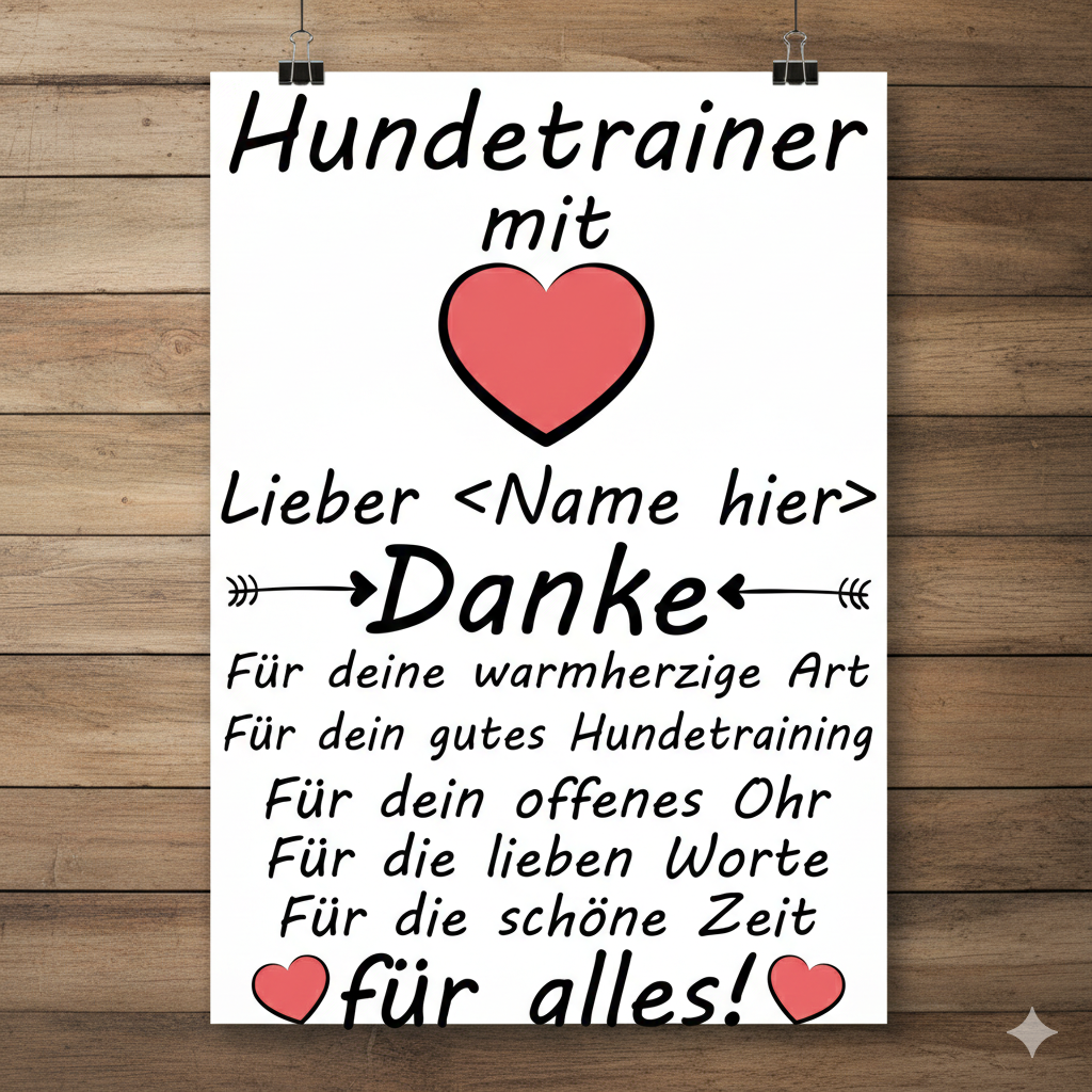 Hochwertiges Poster als Geschenk fuer Hundetrainer mit der Aufschrift Hundetrainer mit Herz Danke fuer alles im Format A3 hoch, ideal zum Abschied nach Trainingskurs, zum Geburtstag oder als Dankesch