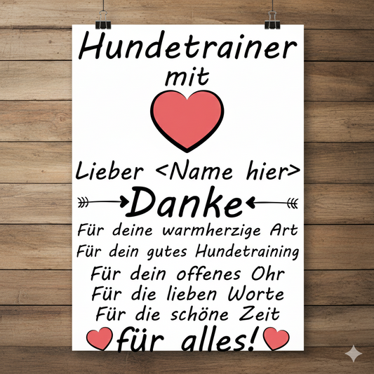 Hochwertiges Poster als Geschenk fuer Hundetrainer mit der Aufschrift Hundetrainer mit Herz Danke fuer alles im Format A3 hoch, ideal zum Abschied nach Trainingskurs, zum Geburtstag oder als Dankesch