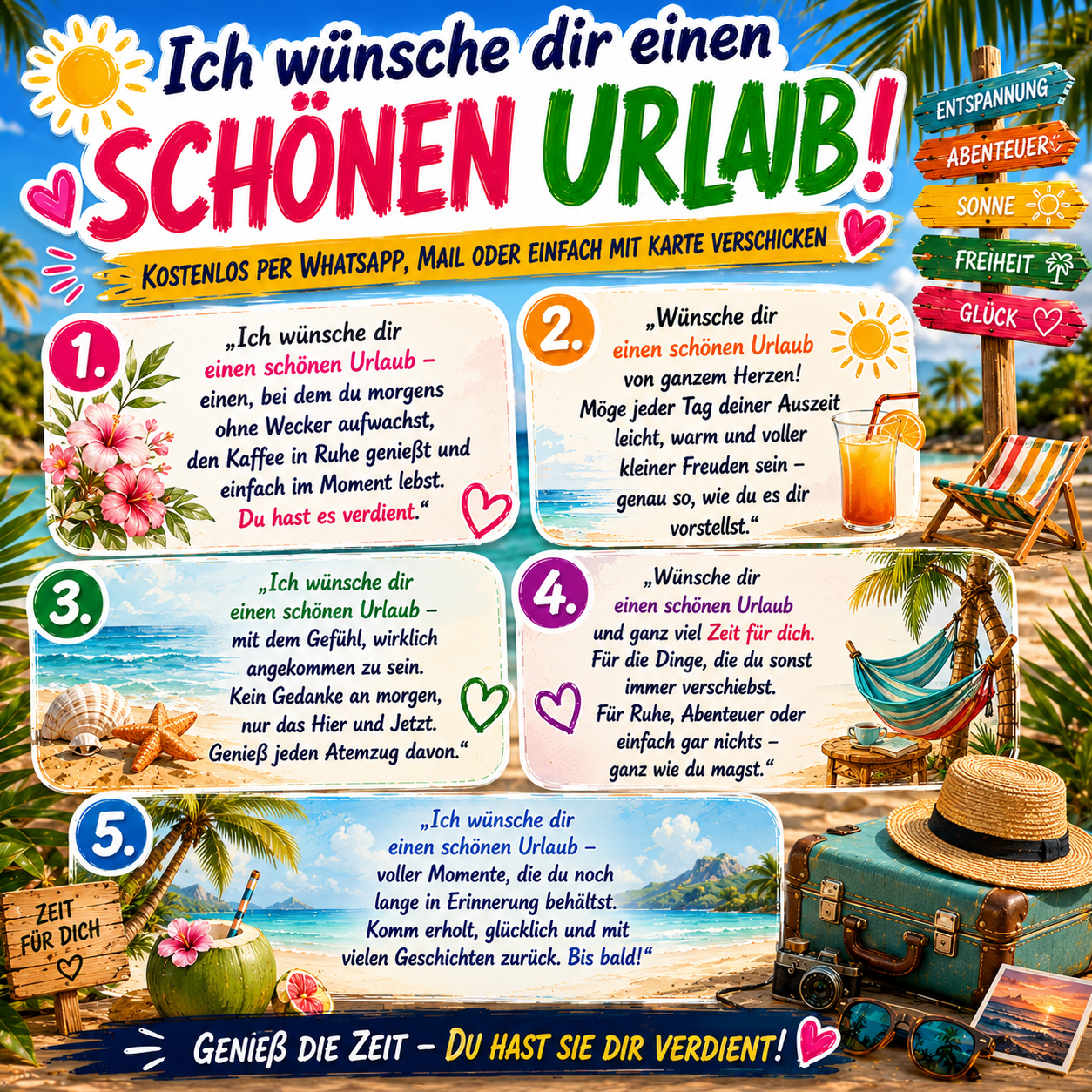 Ich wünsche dir einen schönen und erholsamen Urlaub - Kostenlose Sprüche mit Whatsapp, Mail oder Karte verschicken