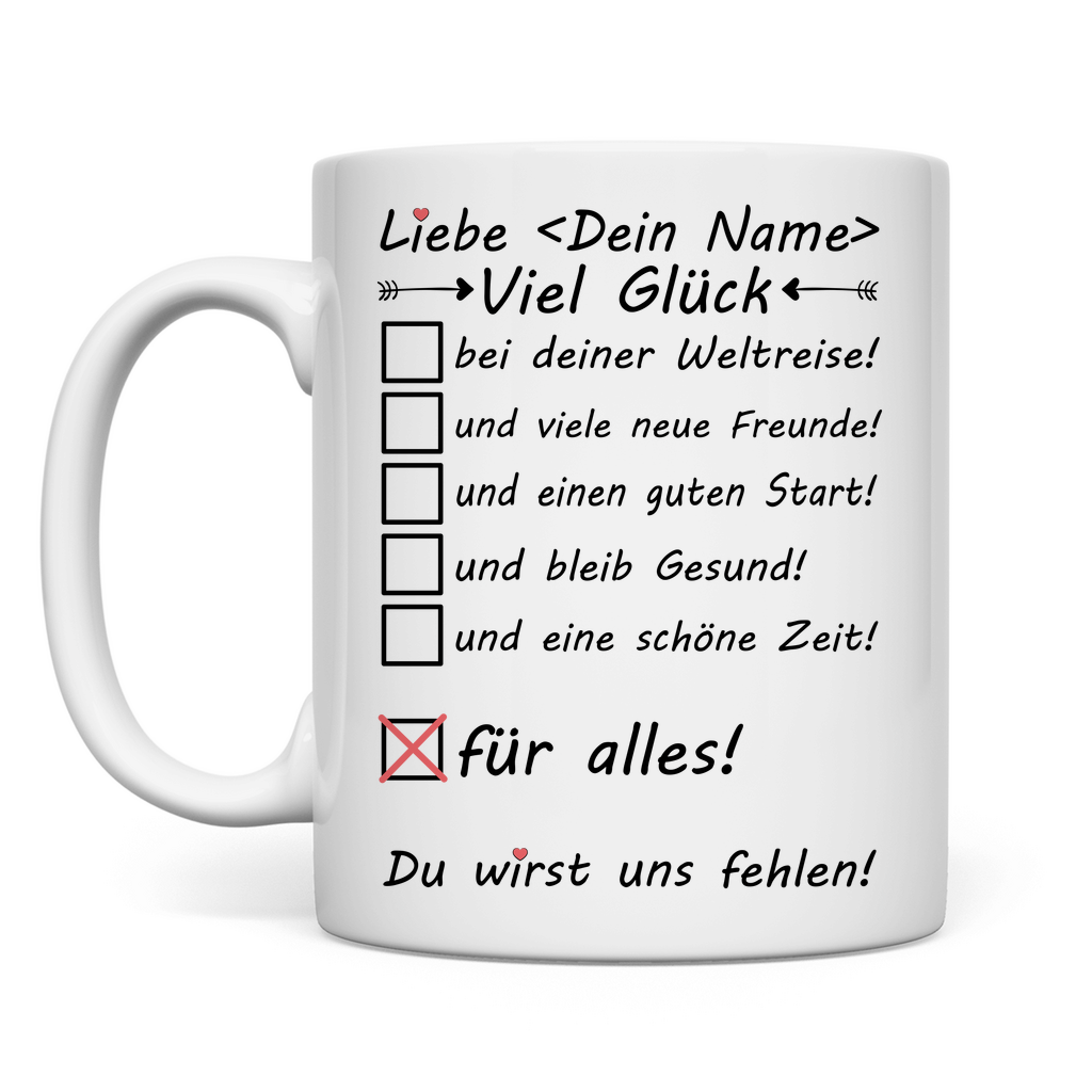 Personalisierte Keramiktasse für Weltreisende zum Abschied mit Namensdruck