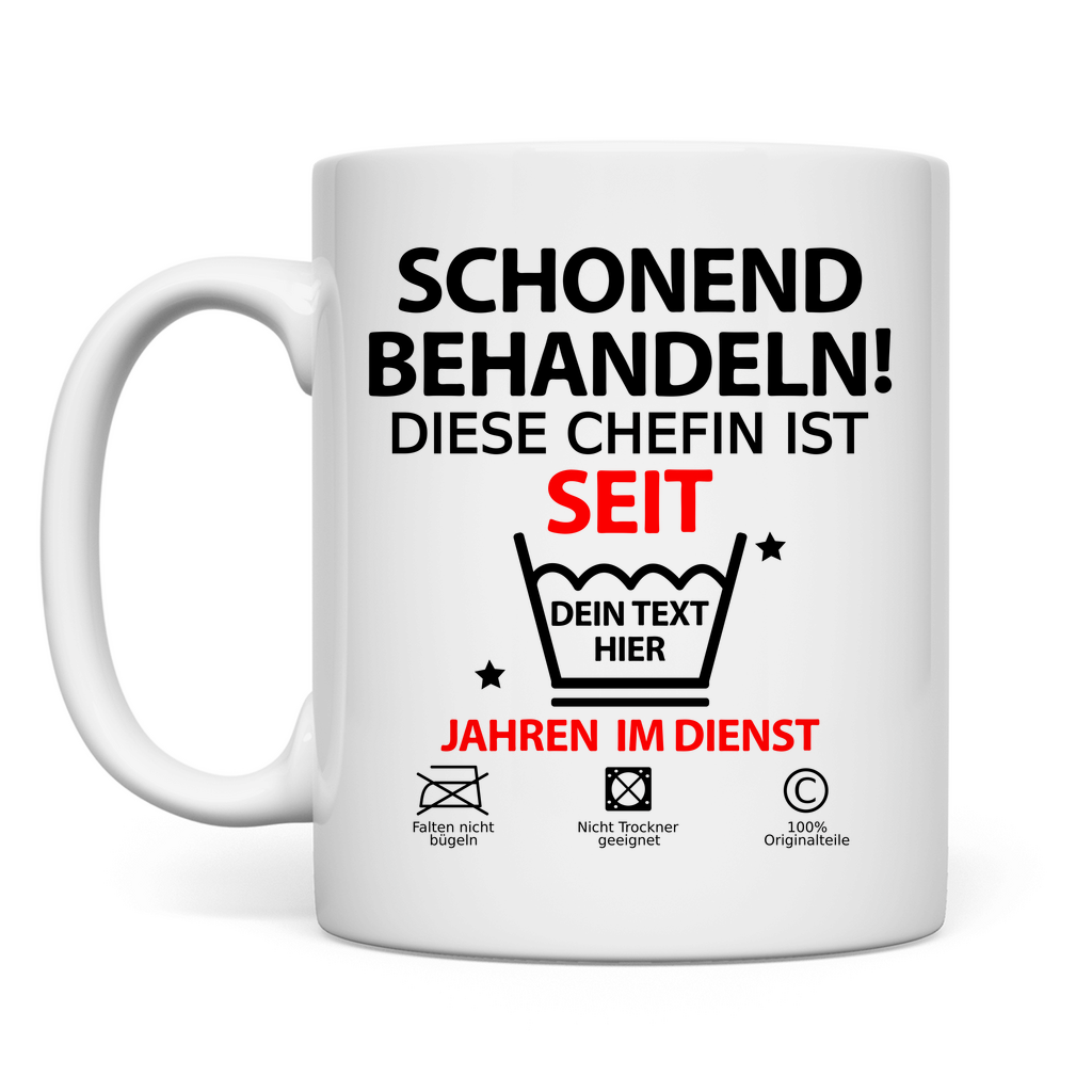 Personalisierte für die Tasse zum 10-jährigen Jubiläum der Chefin mit anpassbarer Jubiläumszahl und Namen, perfektes Geschenk zum Firmenjubiläum.