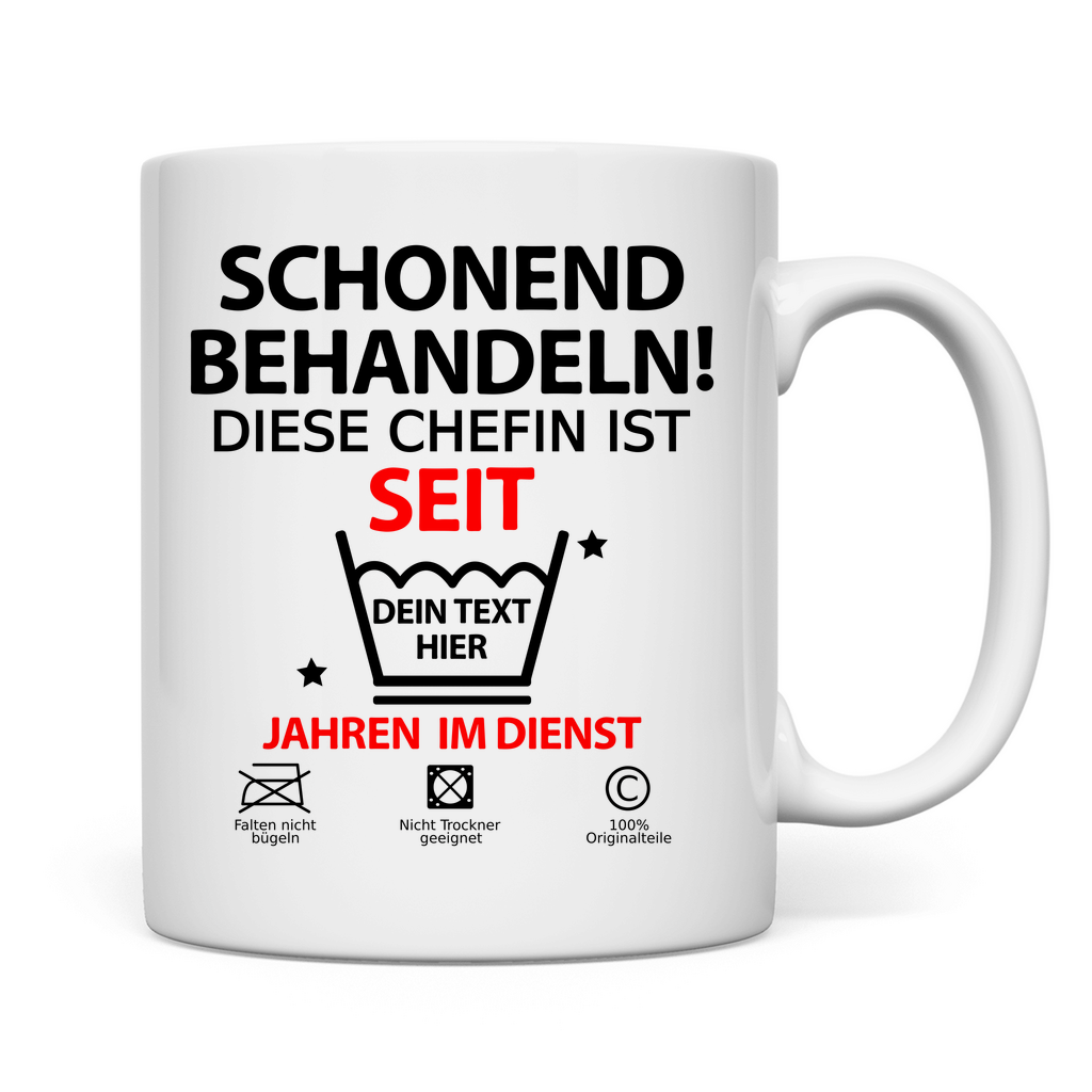 Personalisierte Tasse zum 10-jährigen Jubiläum der Chefin mit anpassbarer Jubiläumszahl und Namen, perfektes Geschenk zum Firmenjubiläum.