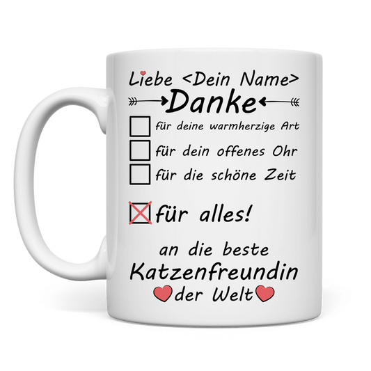 Weisse Keramiktasse fuer Katzenfreundin mit Danke Motiv, perfekt als Abschiedsgeschenk, Geburtstagsgeschenk oder Dankeschoen zum Abschied