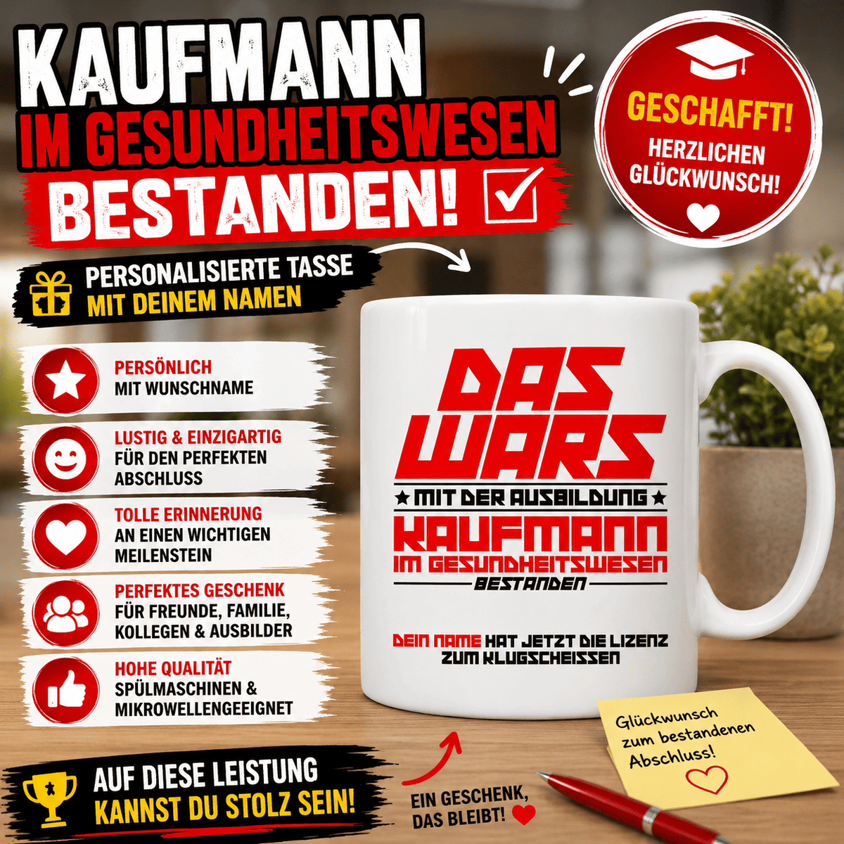 Kaufmann im Gesundheitswesen bestanden – Personalisierte Tasse mit Namen als perfektes Geschenkidee geeignet