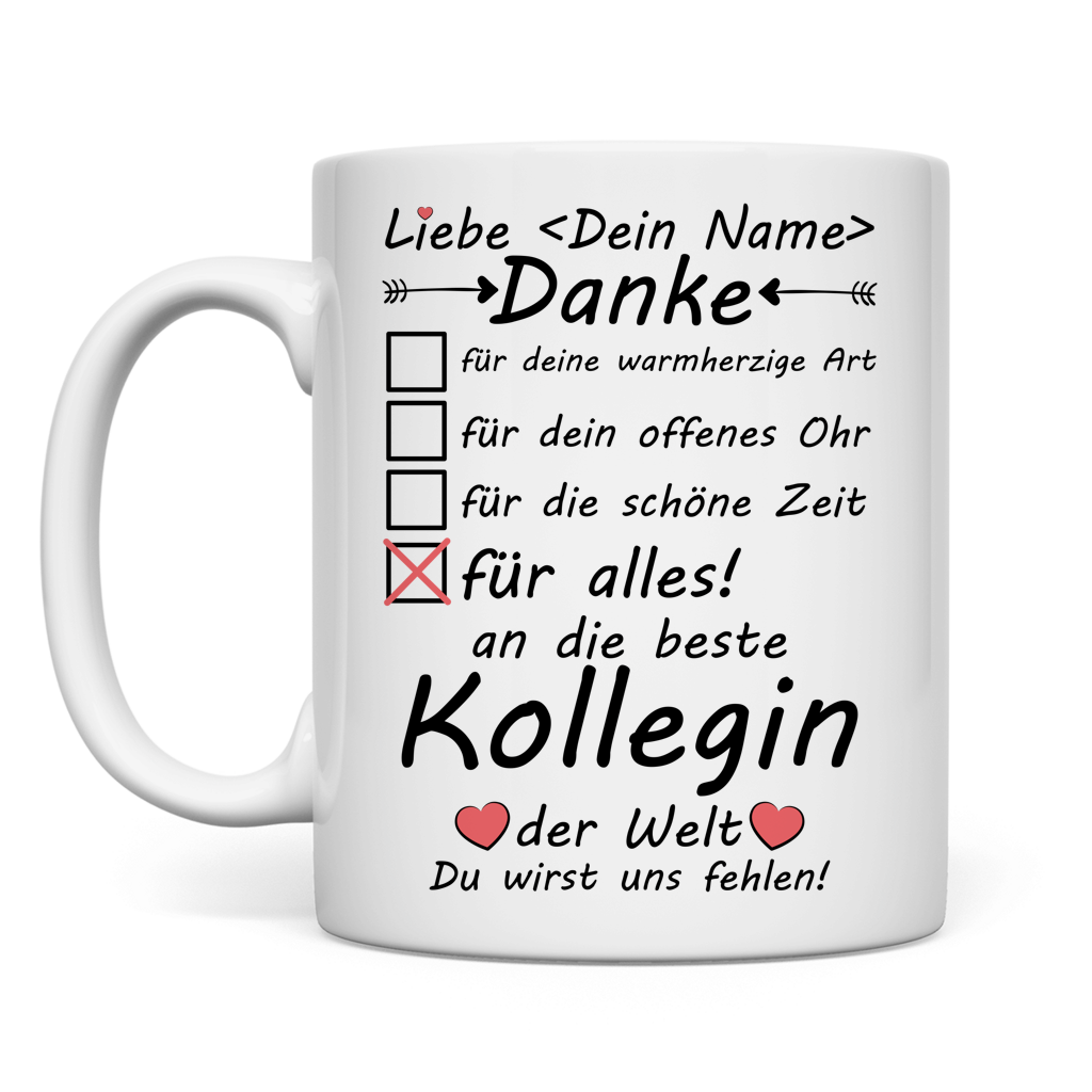 Weisse Keramiktasse mit Aufdruck Du wirst uns fehlen als emotionales Abschiedsgeschenk fuer Kollegin im Kindergarten zum Jobwechsel Ruhestand oder Elternzeit auf weissem Hintergrund