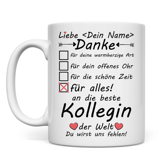 Weisse Keramiktasse mit Aufdruck Du wirst uns fehlen als emotionales Abschiedsgeschenk fuer Kollegin im Kindergarten zum Jobwechsel Ruhestand oder Elternzeit auf weissem Hintergrund