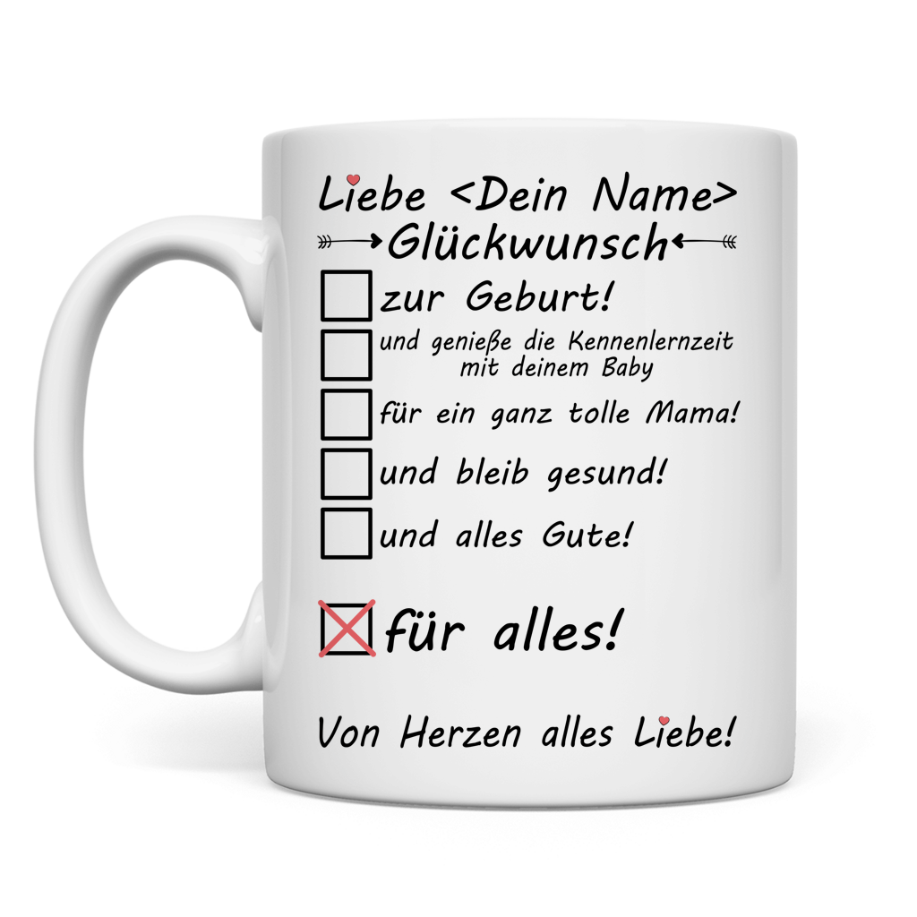 Weisse Keramiktasse fuer Kollegin zur Geburt mit Glueckwunsch Aufschrift, perfekt fuer Babyparty Geburt Elternzeit und besondere Anlaesse im Buero