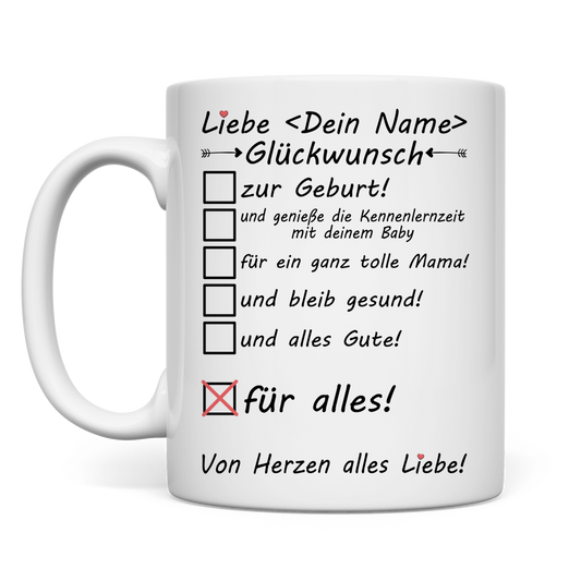 Weisse Keramiktasse fuer Kollegin zur Geburt mit Glueckwunsch Aufschrift, perfekt fuer Babyparty Geburt Elternzeit und besondere Anlaesse im Buero