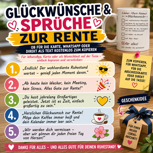 Wünsche zur Rente – die schönsten Sprüche für Kollegin &amp; Kollege ,geeignet für Whatsapp, Mail oder Karte mit Geschenkidee eine Tasse