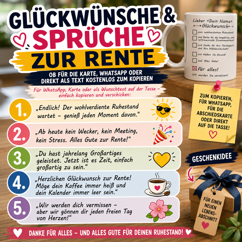 Wünsche zur Rente – die schönsten Sprüche für Kollegin &amp; Kollege ,geeignet für Whatsapp, Mail oder Karte mit Geschenkidee eine Tasse