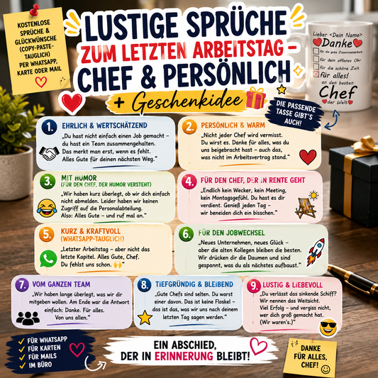 LUSTIGE SPRÜCHE ZUM LETZTEN ARBEITSTAG – CHEF & PERSÖNLICH + Geschenk eine Danke an den besten Chef der Welt Tasse