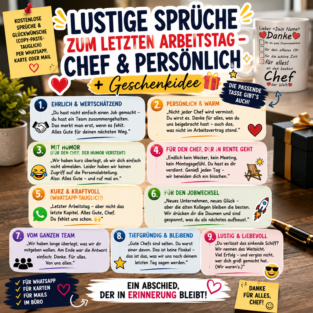 LUSTIGE SPRÜCHE ZUM LETZTEN ARBEITSTAG – CHEF & PERSÖNLICH + Geschenk eine Danke an den besten Chef der Welt Tasse