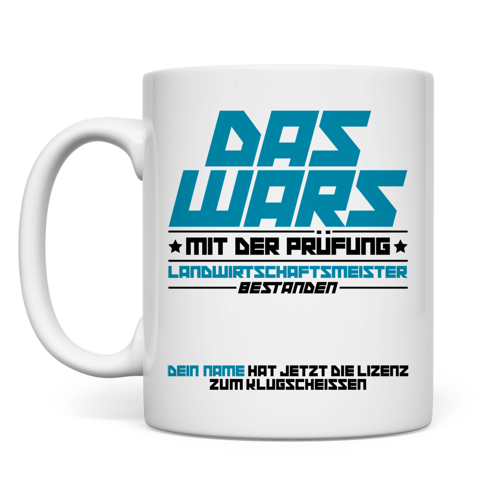 Weisse Keramiktasse fuer Landwirtschaftsmeister mit Aufdruck zur bestandenen Meisterpruefung, personalisierbar, ideal als Geschenk zur Meisterfeier, Abschluss, Pruefung und Jubilaeum